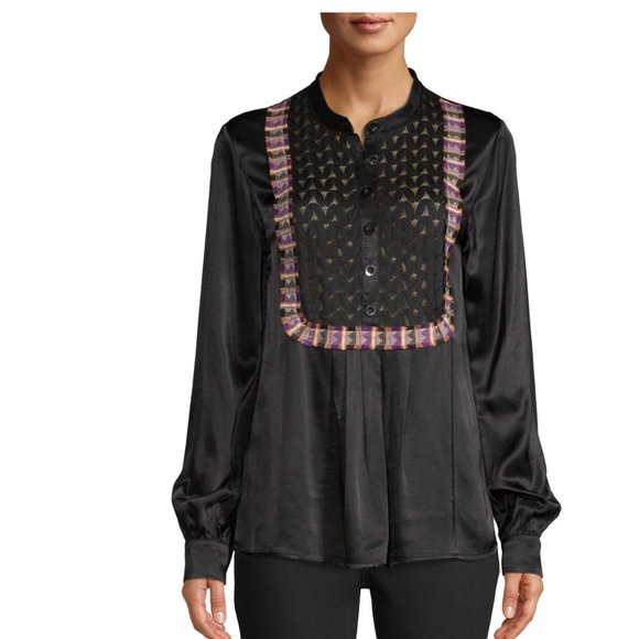 Sui by Anna Sui Black Blouse Silky with Lace and Embroider Details Large - Picture 1 of 16